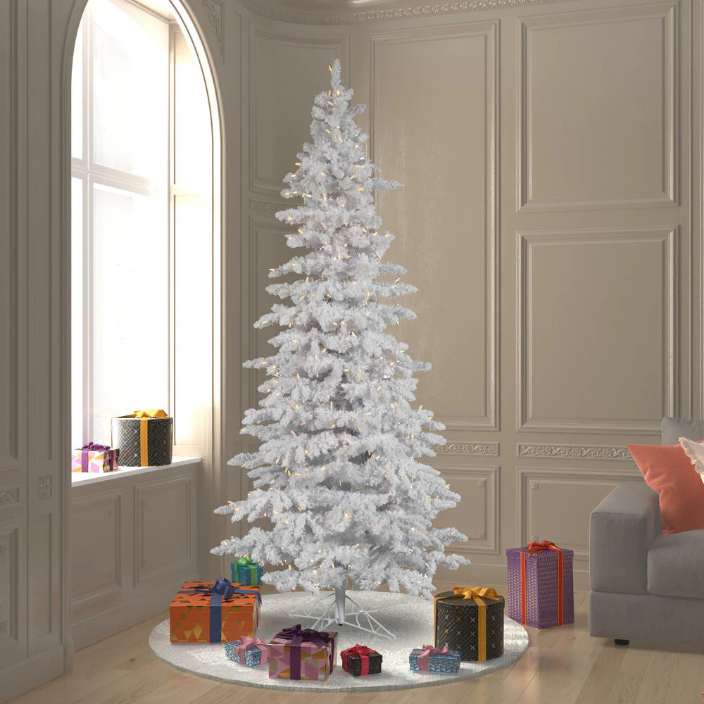 12'Hx65"W Flocked Slim White Spruce Artificial Christmas Tree, LED Pre-Lit -White - Image 5