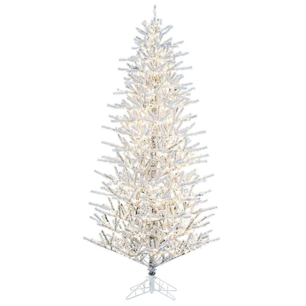 12'Hx72"W Flocked Slim Pistol Pine Artificial Christmas Tree, Micro LED Pre-Lit -White