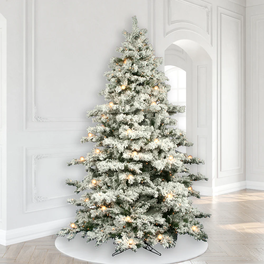 12'Hx92"W Flocked Alaskan Pine Artificial Christmas Tree, LED Pre-Lit -White - Image 6