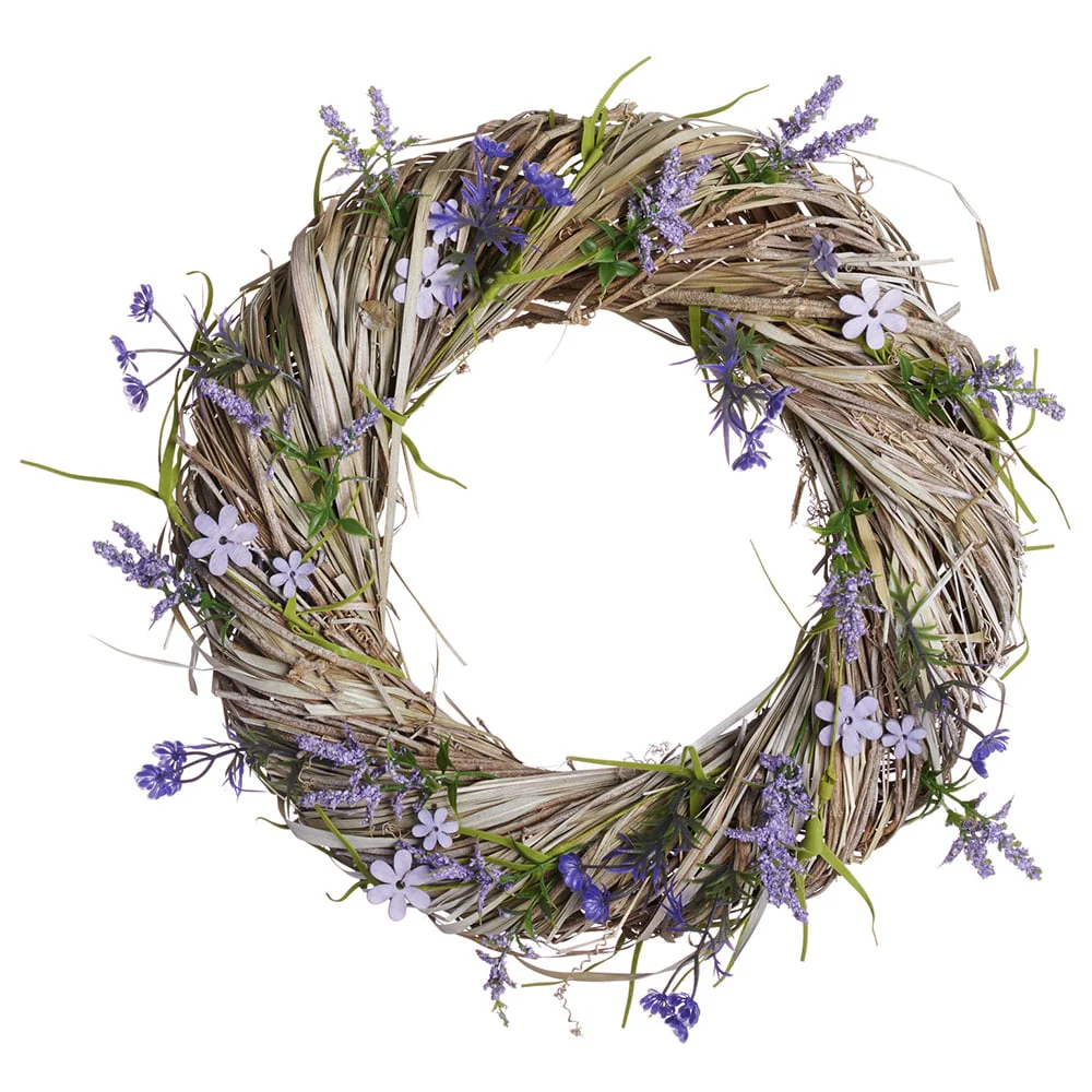 13.3" Wood Chip Flower & Straw Artificial Flower Wreath -Purple/Lavender (Pack of 6)