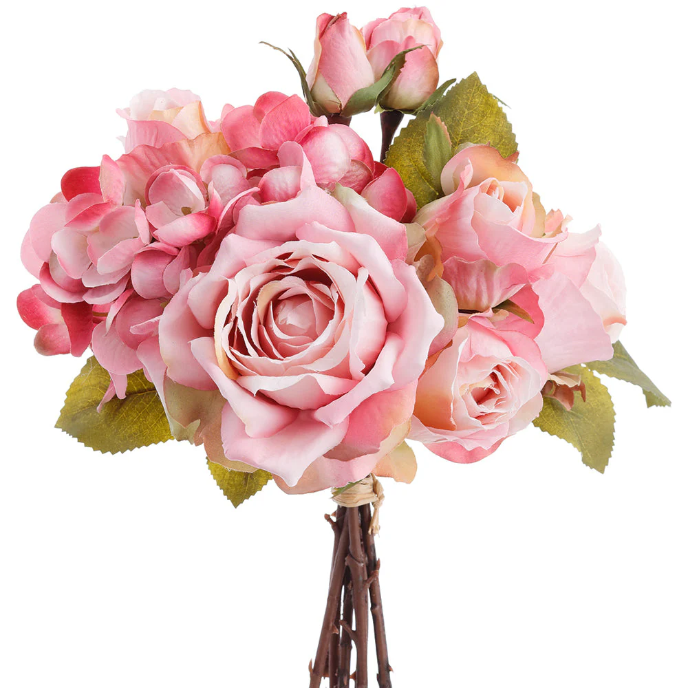 13.5" Hydrangea & Rose Silk Flower Bouquet -Pink/Rose (Pack of 12)