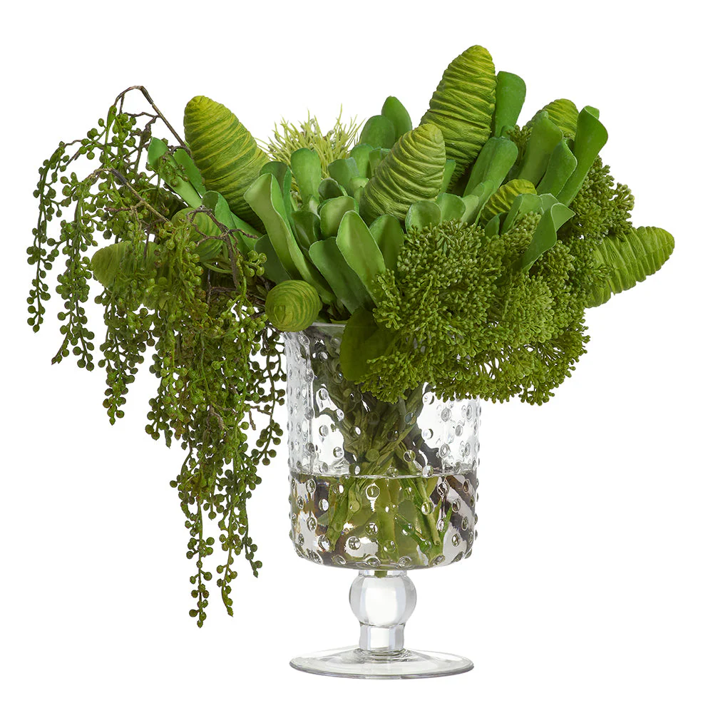 13.5" Mixed Succulent Artificial Flower Arrangement w/Glass Vase -Green