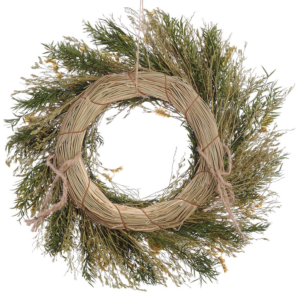 13.5" Preserved Statice, Yarrow & Kitten Tail Flowering Wreath -Yellow/Purple - Image 3