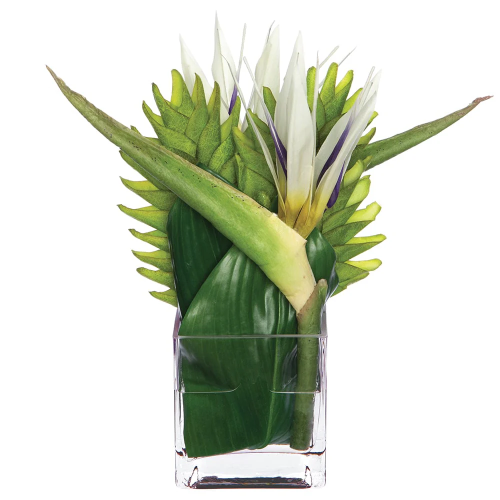 13.5"Hx12"W Bird Of Paradise, Heliconia & Hosta Leaf Silk Flower Arrangement w/Glass Vase -White/Green