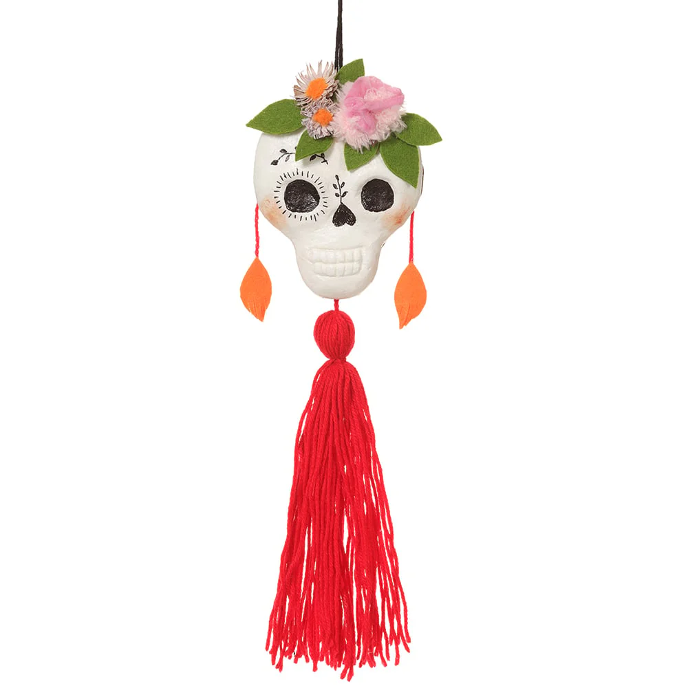 13.8" Halloween Day Of The Dead Hanging Skull With Tassel -Orange/Mixed (Pack of 4)