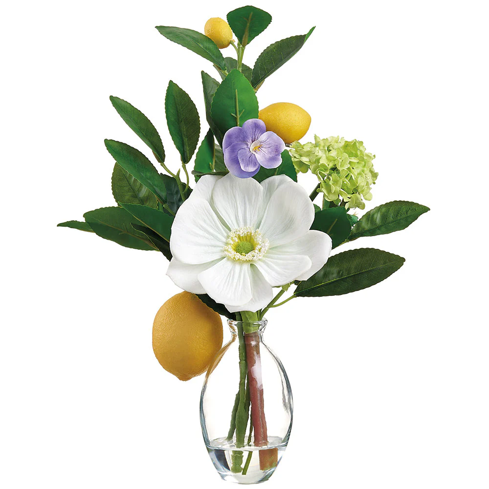 13" Anemone, Snowball & Lemon Silk Flower Arrangement w/Glass Vase -White/Yellow (Pack of 6)