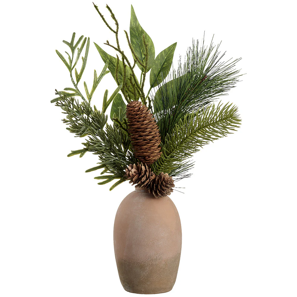 13" Artificial Mixed Pine & Pinecone Arrangement w/Cement Pot -Green/Brown (Pack of 4)