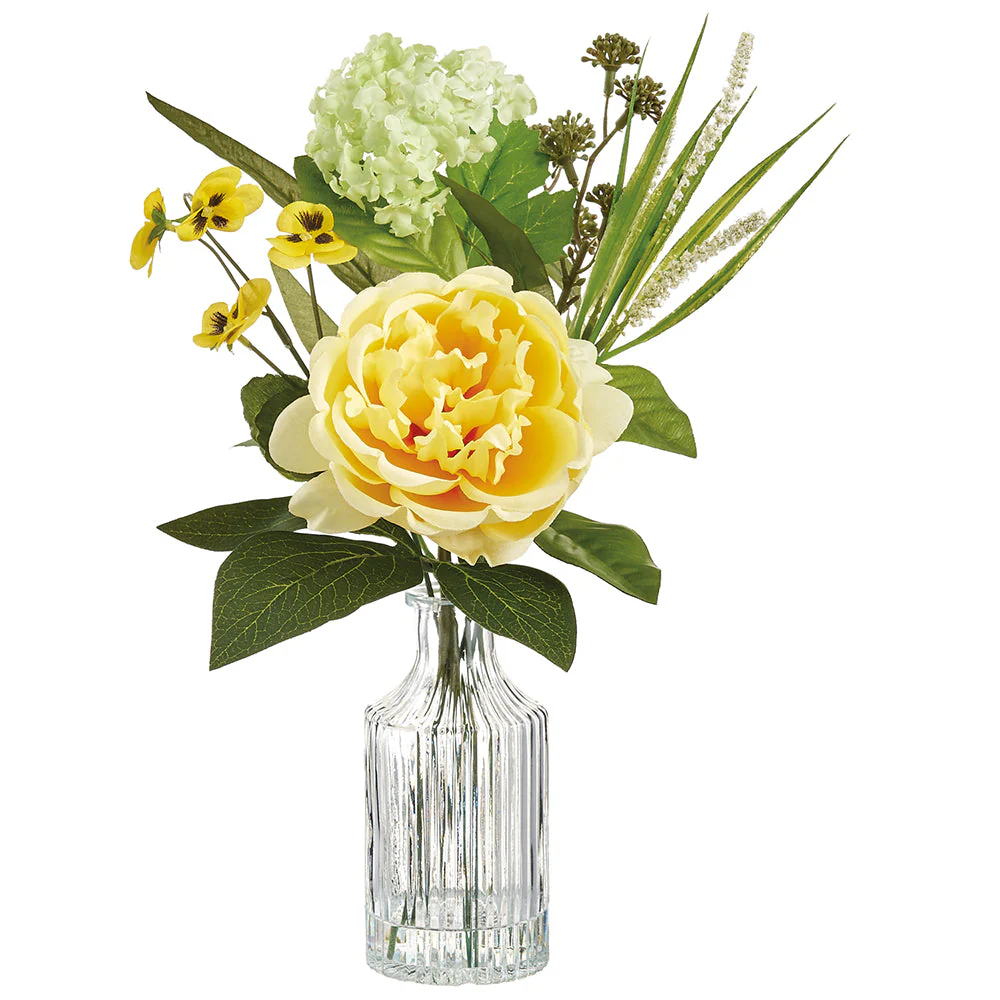 13" Cabbage Rose & Snowball Silk Flower Arrangement w/Glass Vase -Yellow/Green (Pack of 12)