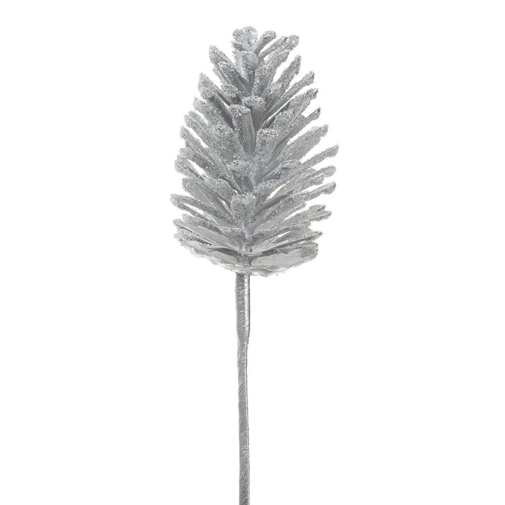 13" Glittered Artificial Pinecone Stem Pick -Silver (Pack of 24)
