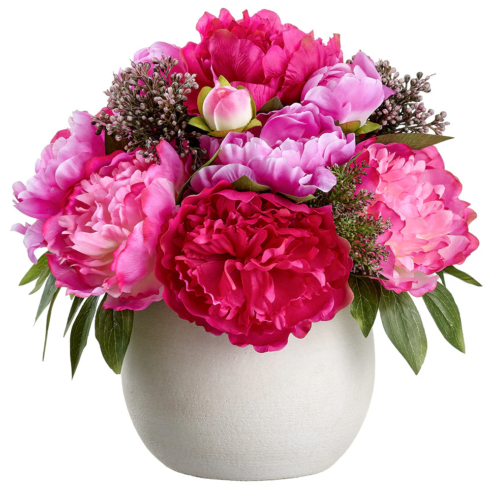 13" Mixed Peony & Sedum Silk Flower Arrangement w/Ceramic Vase -Beauty/Boysenberry (Pack of 4)