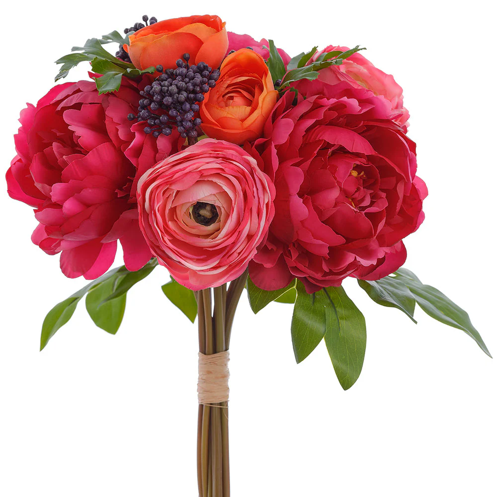 13" Real Touch Peony & Ranunculus Silk Flower Bouquet -Fuchsia/Orange (Pack of 6)