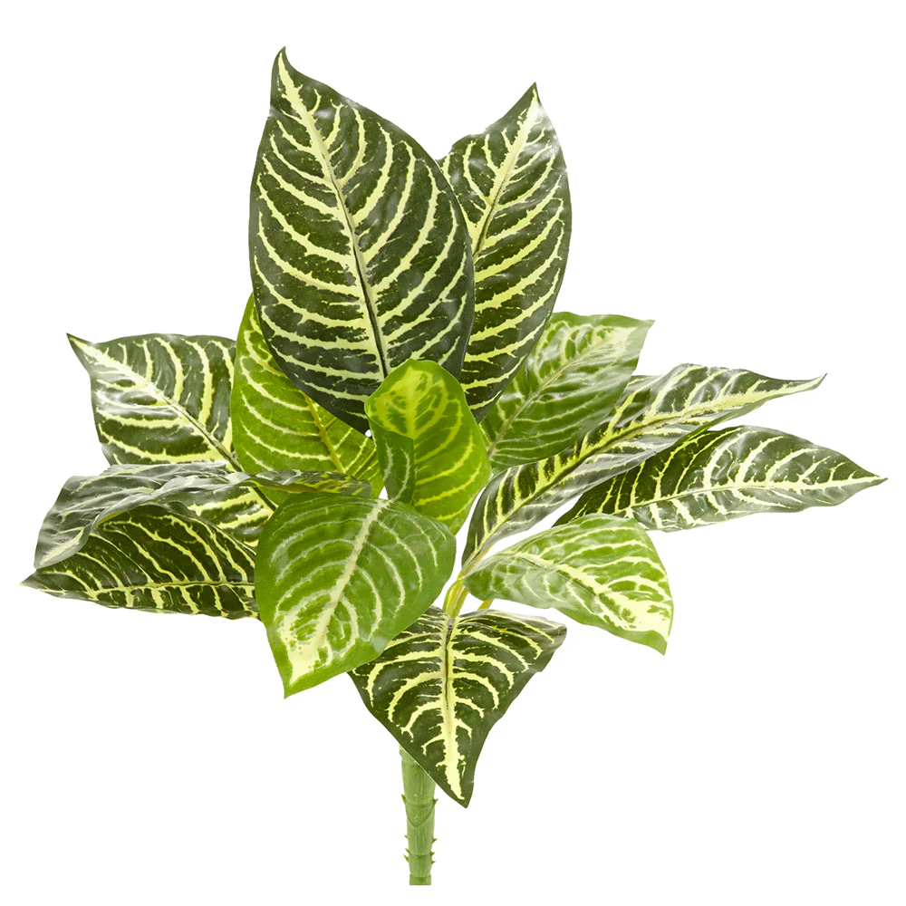 13" Real Touch Zebra Leaf Silk Plant -14 Leaves -Green/Cream (Pack of 12)
