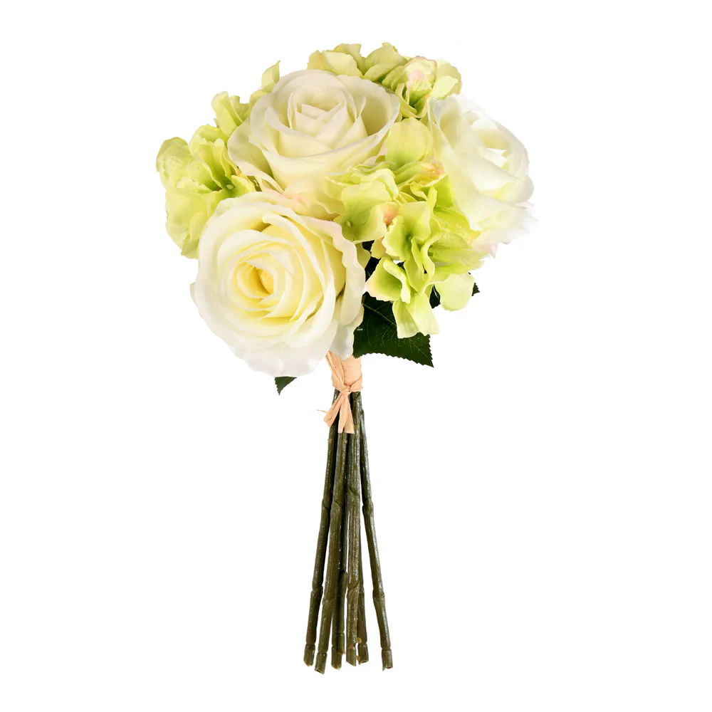 13" Rose & Hydrangea Silk Flower Bouquet -Green/Cream (Pack of 6)