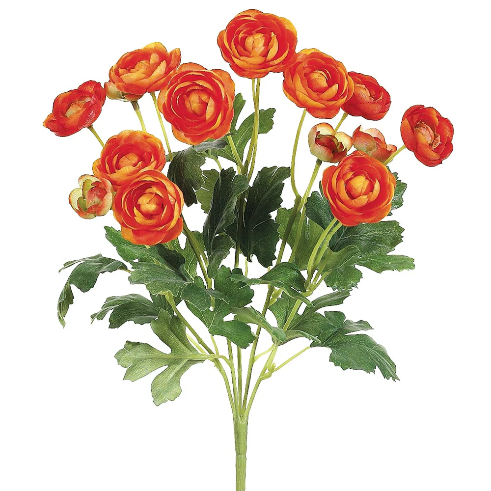 13" Silk Mini Ranunculus Flower Bush -Orange (Pack of 12)