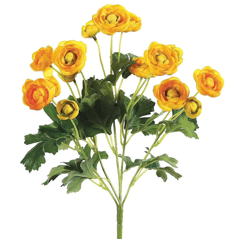 13" Silk Mini Ranunculus Flower Bush -Yellow (Pack of 12)