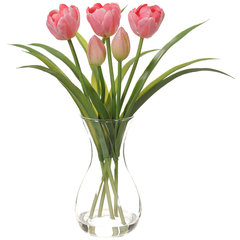 13" Tulip Silk Flower Arrangement w/Glass Vase -Pink (Pack of 12)