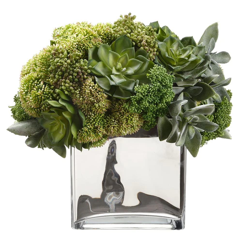 13"Hx14" Artificial Succulent & Sedum Plant w/Glass Vase -Green