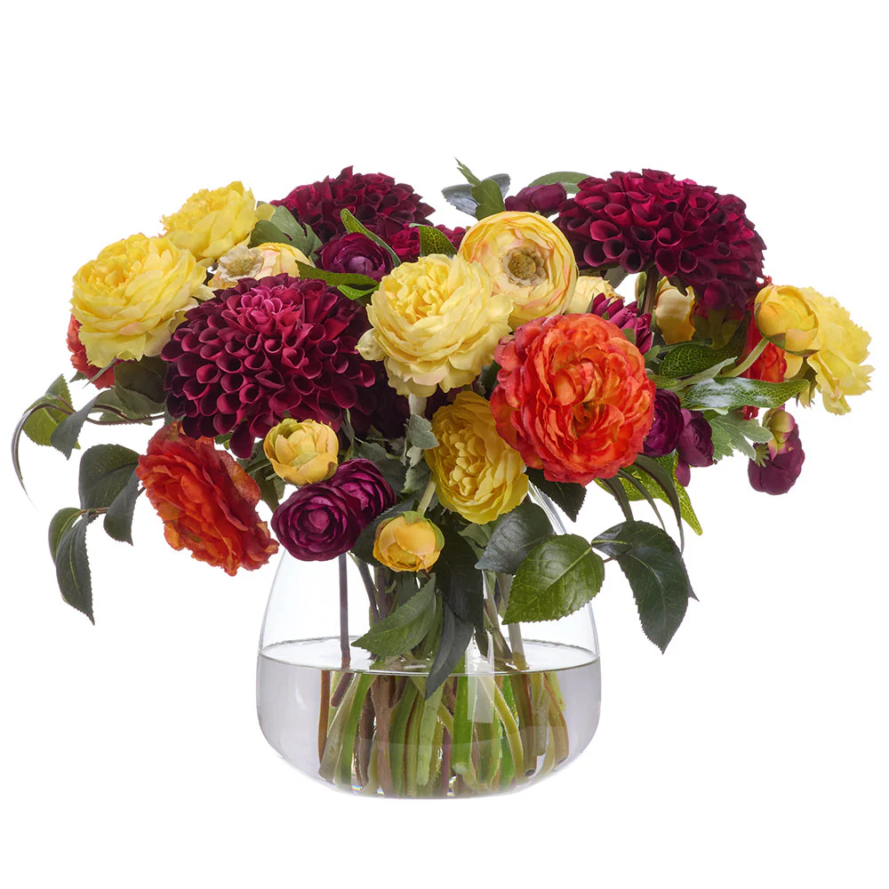 13"Hx19"W Ranunculus & Dahlia Silk Flower Arrangement w/Glass Vase -Mixed Colors