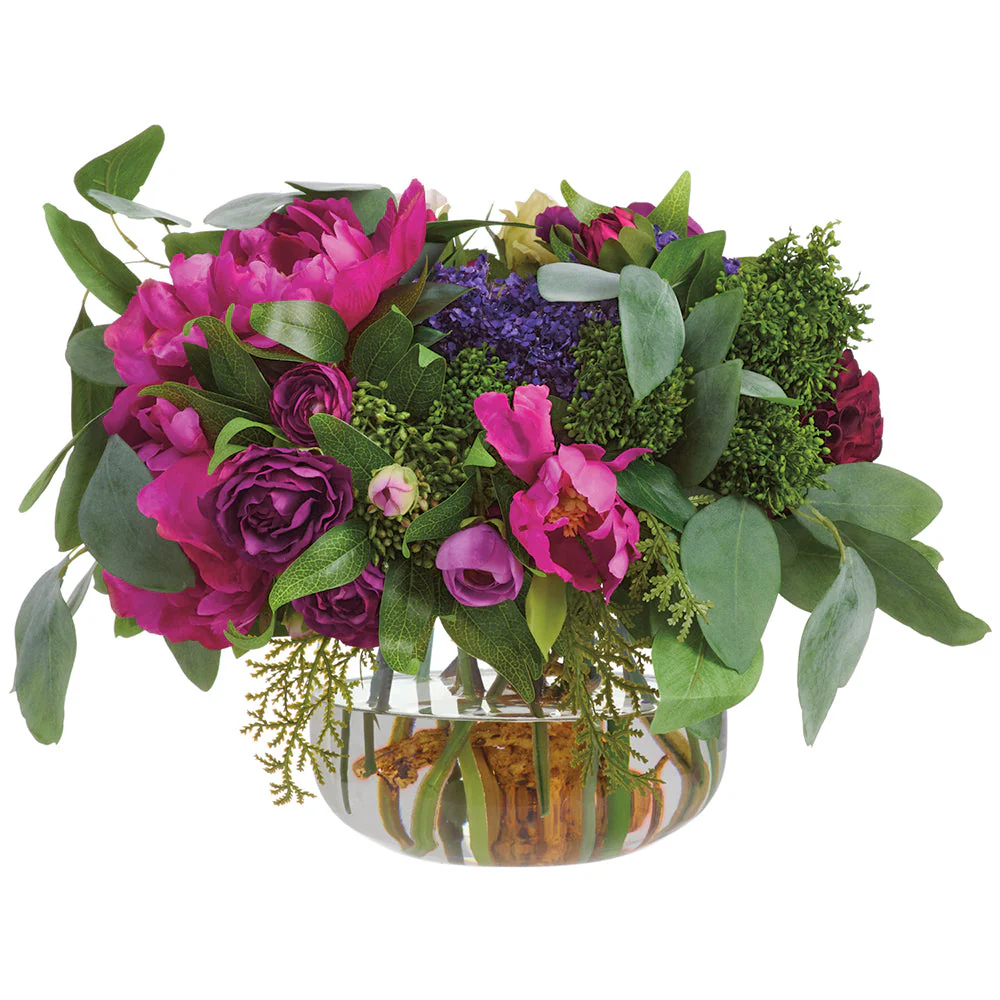 13"Hx20"W Peony, Rose, Ranunculus & Dahlia Silk Flower Arrangement w/Glass Vase -Mixed Colors