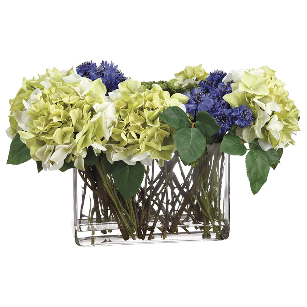 13"Hx21"W Hydrangea, Cornflower & Sedum Silk Flower Arrangement -Green/Blue
