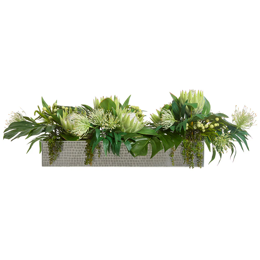 13"Hx44"W Protea & Philo Leaf Silk Flower Arrangement w/Metal Planter -Cream/Green