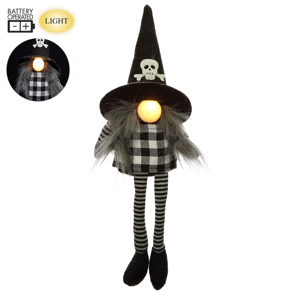 14.5" Battery Operated Halloween Sitting Gnome With Light -Black/White (Pack of 12)