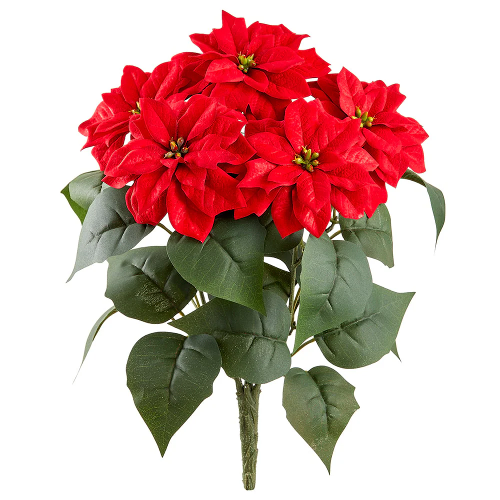 14.5" Velvet Artificial Poinsettia Flower Bush -Red (Pack of 12)