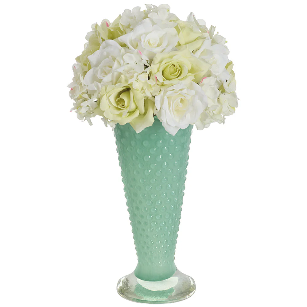 14.5"Hx7.5"W Rose Silk Flower Arrangement w/Glass Vase -Cream/Green