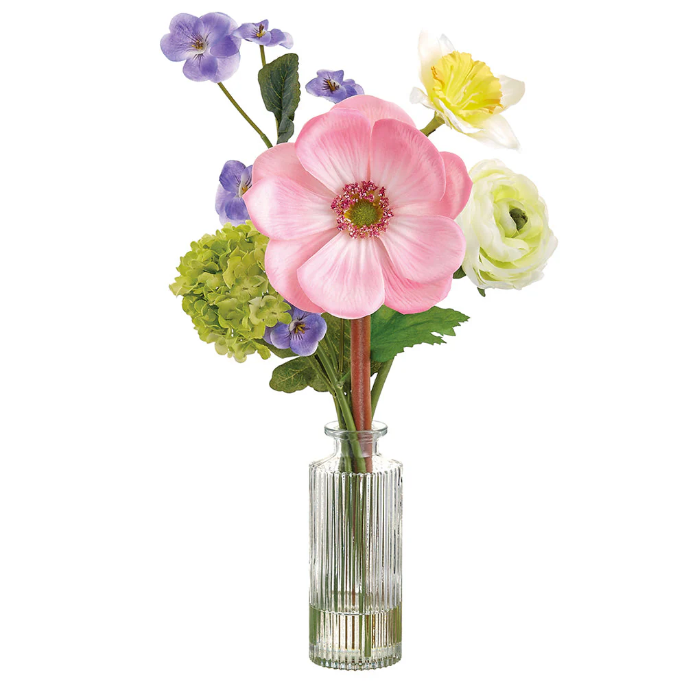 14" Anemone, Ranunculus & Daffodil Silk Flower Arrangement w/Glass Vase -Mixed Colors (Pack of 6)