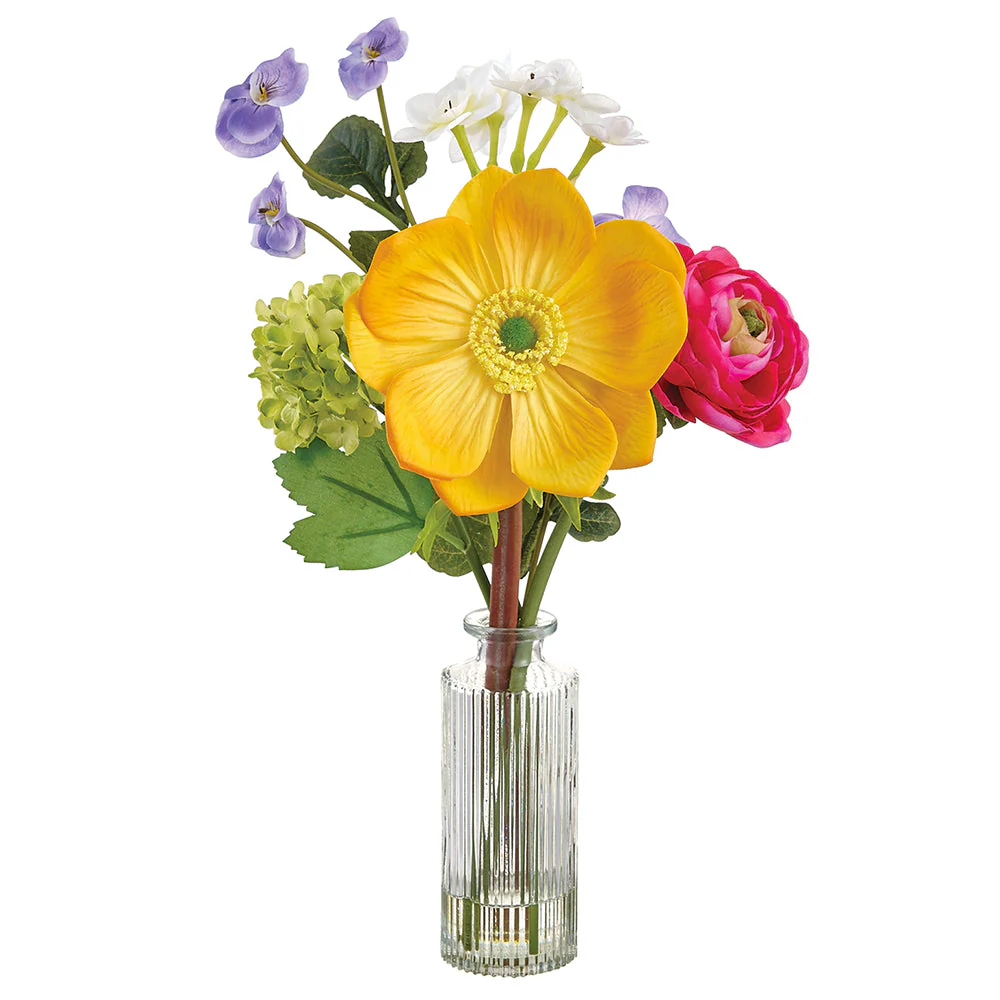 14" Anemone, Ranunculus & Narcissus Silk Flower Arrangement w/Glass Vase -Mixed Colors (Pack of 6)
