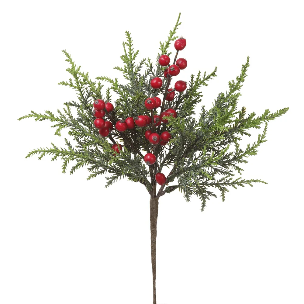 14" Artificial Berry & Pine Stem Pick -Green/Red (Pack of 24)