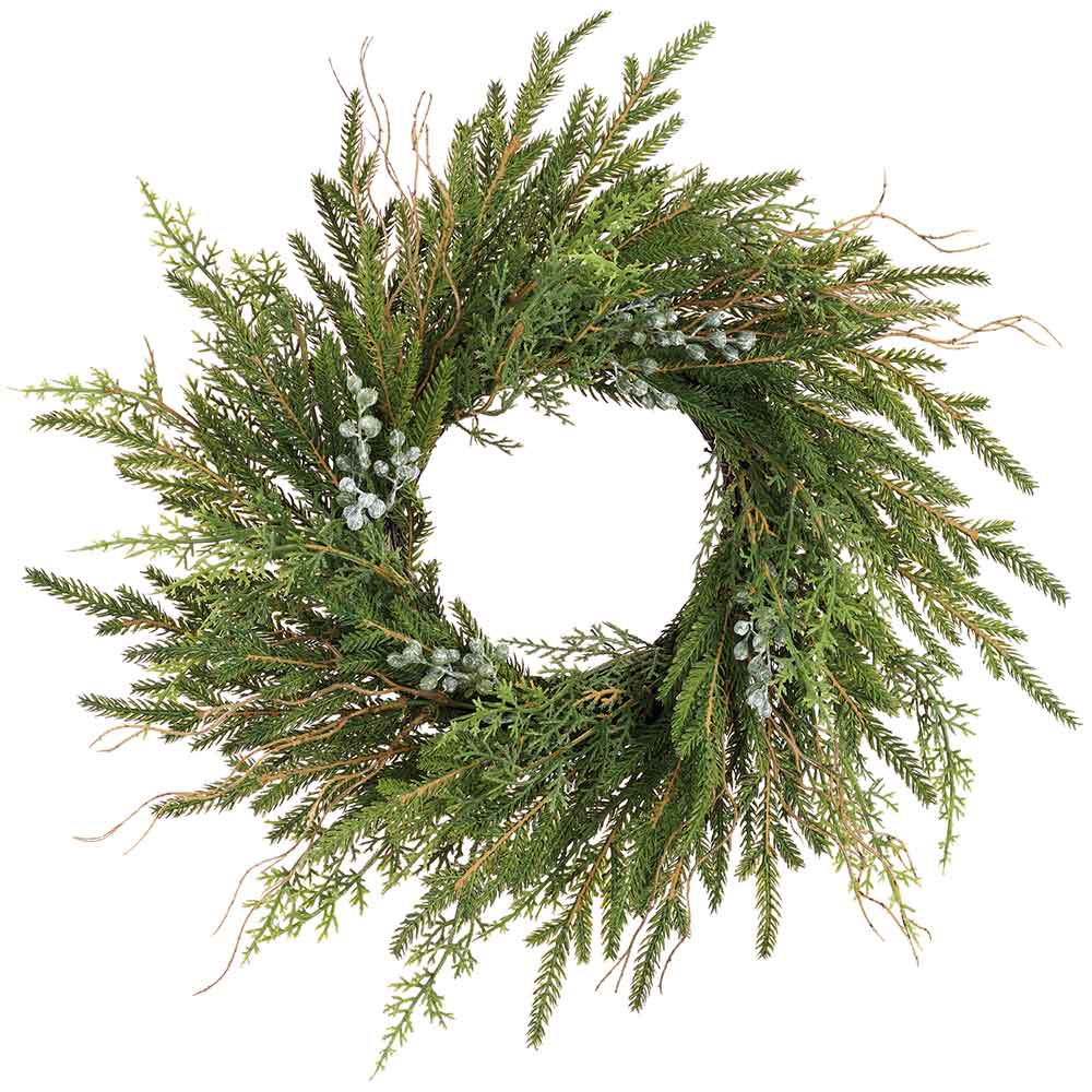 14" Artificial Juniper, Cypress & Berry Wreath -Green (Pack of 4)