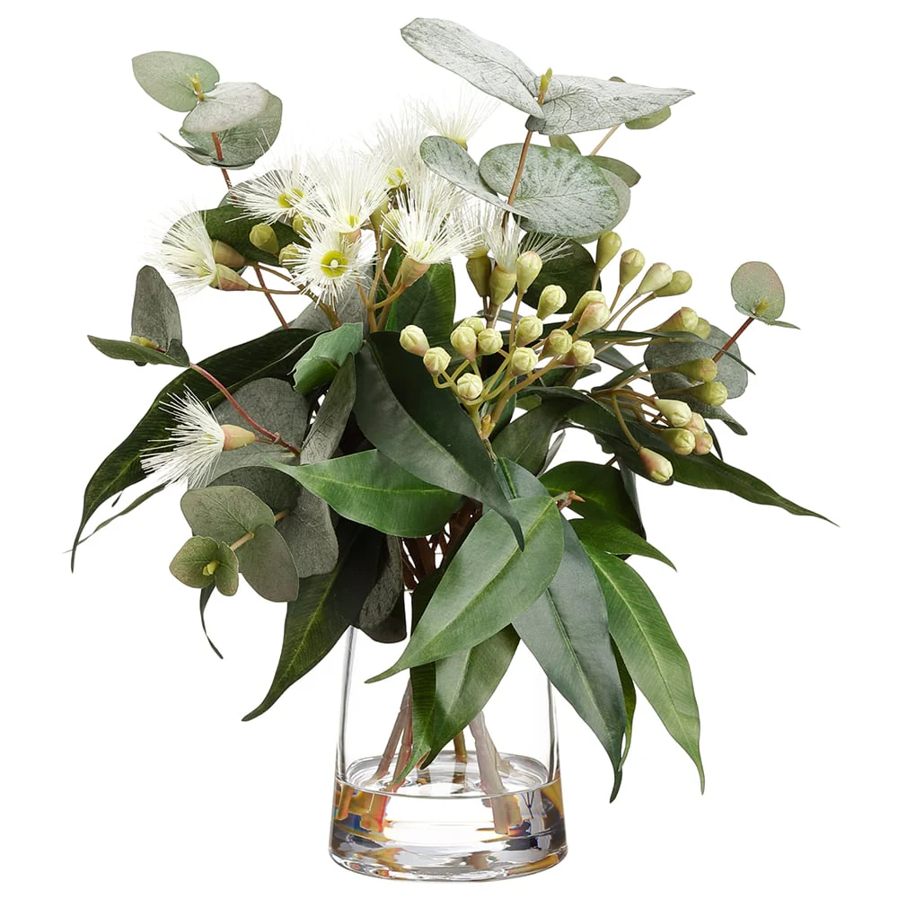 14" Flowering Silk Eucalyptus Leaf Arrangement w/Glass Vase -Green/Cream