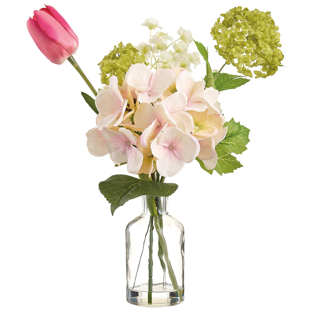 14" Hydrangea, Snowball & Tulip Silk Flower Arrangement w/Glass Vase -Pink/Green (Pack of 12)