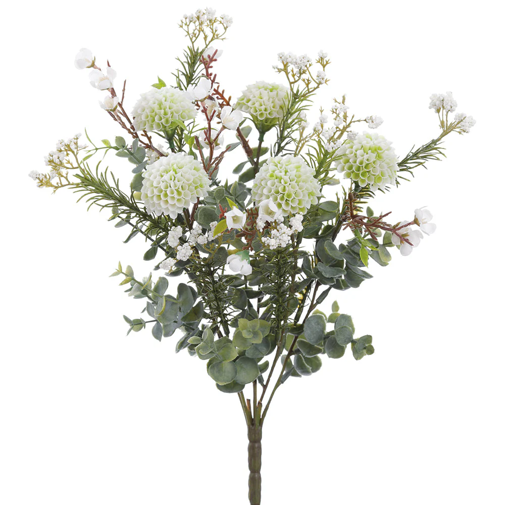 14" Mixed Mini Dahlia & Waxflower Silk Flower Bush -2 Tone Green (Pack of 12)