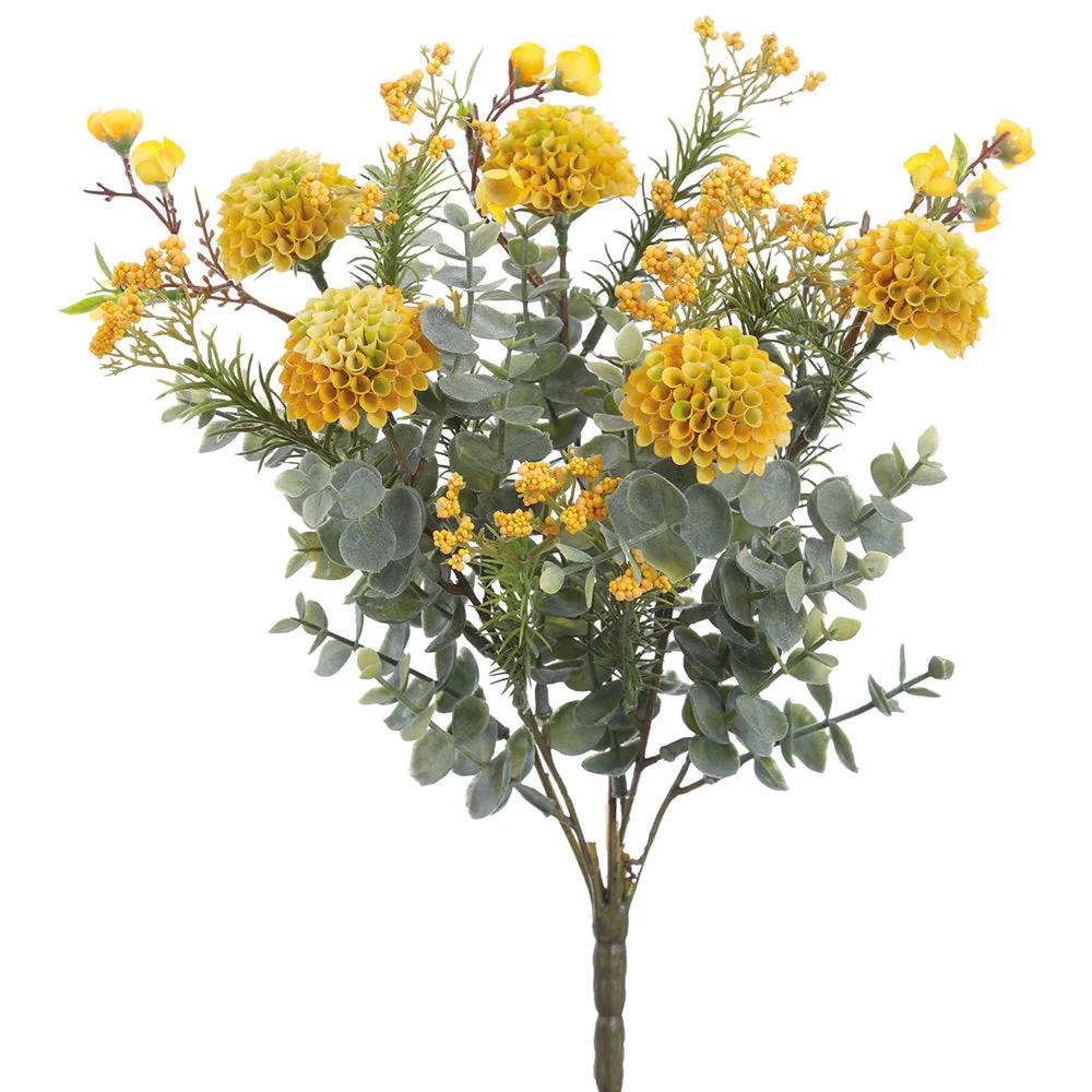 14" Mixed Mini Dahlia & Waxflower Silk Flower Bush -2 Tone Yellow (Pack of 12)