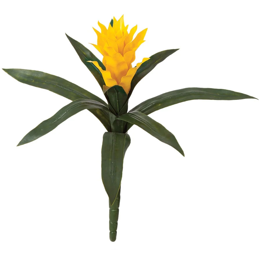 14" Outdoor UV-Proof Artificial Bromeliad Plant Flower Bush -Yellow (Pack of 6)