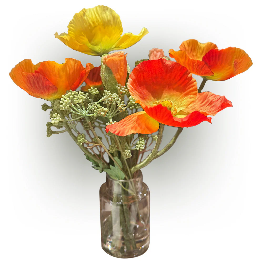 14" Poppy Silk Flower Arrangement w/Glass Vase -Orange/Yellow (Pack of 3)