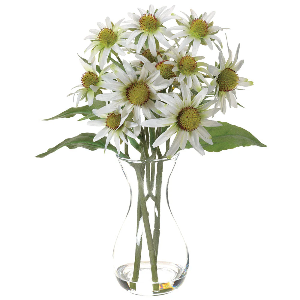 14" Rudbeckia Silk Flower Arrangement w/Glass Vase -White (Pack of 12)