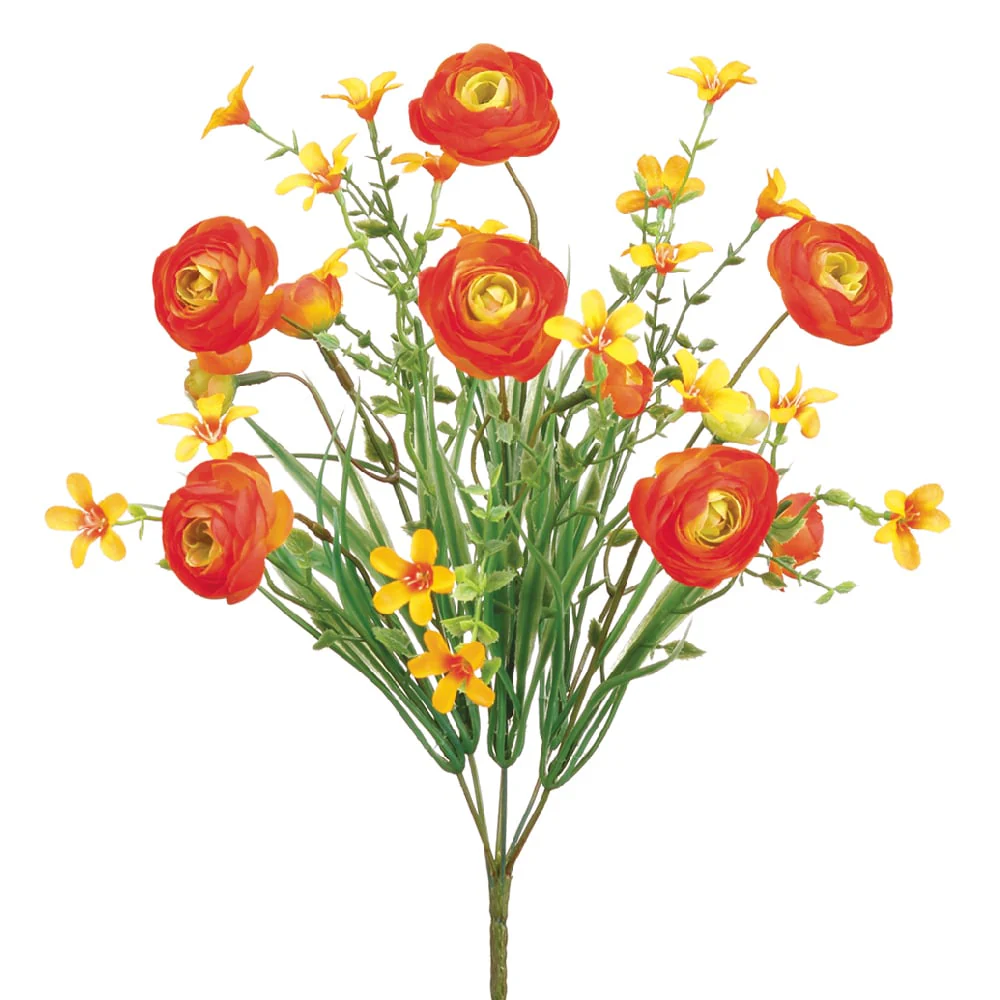 14" Silk Ranunculus Flower Bush -Orange (Pack of 12)