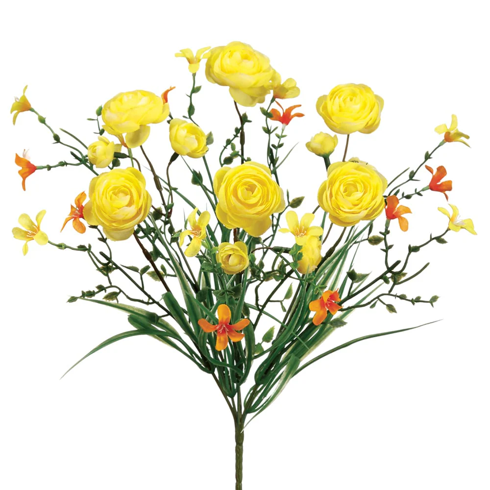14" Silk Ranunculus Flower Bush -Yellow (Pack of 12)