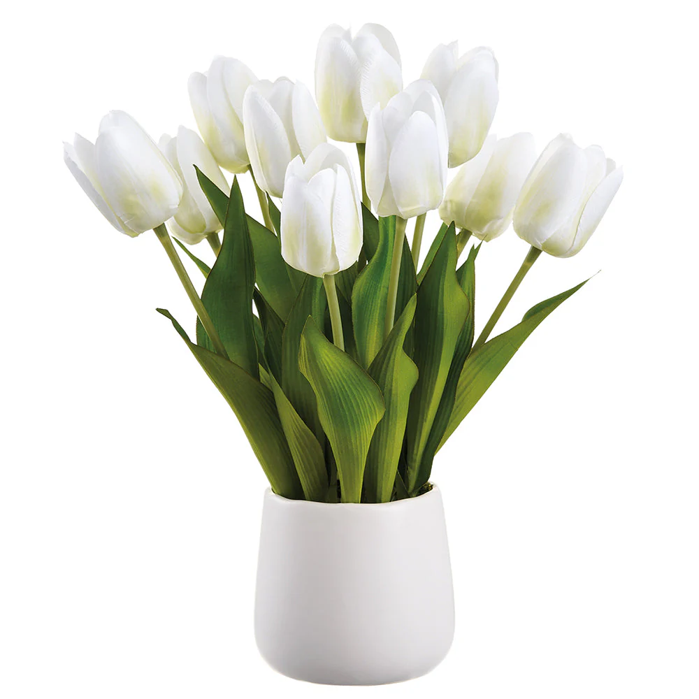 14" Tulip Silk Flower Arrangement w/Ceramic Vase -White/Green (Pack of 6)