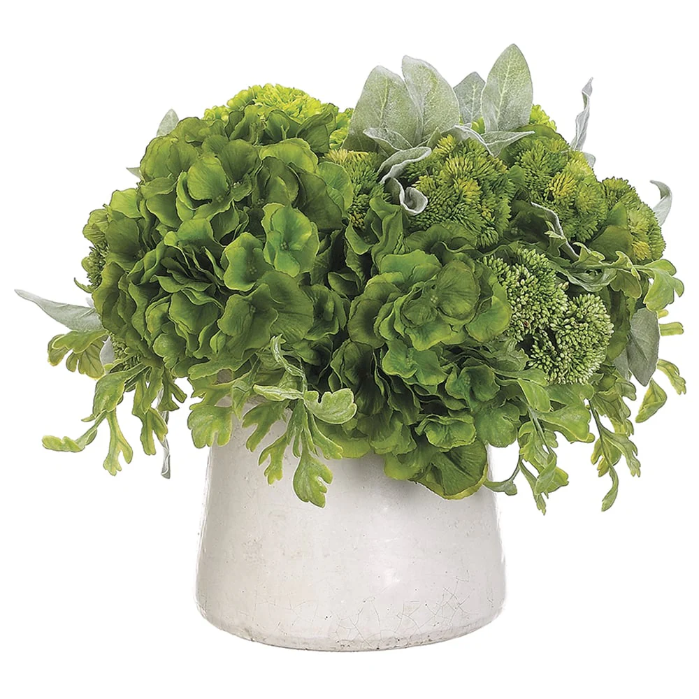 14"Hx18"W Pompom, Fern & Lamb's Ear Silk Flower Arrangement -Green