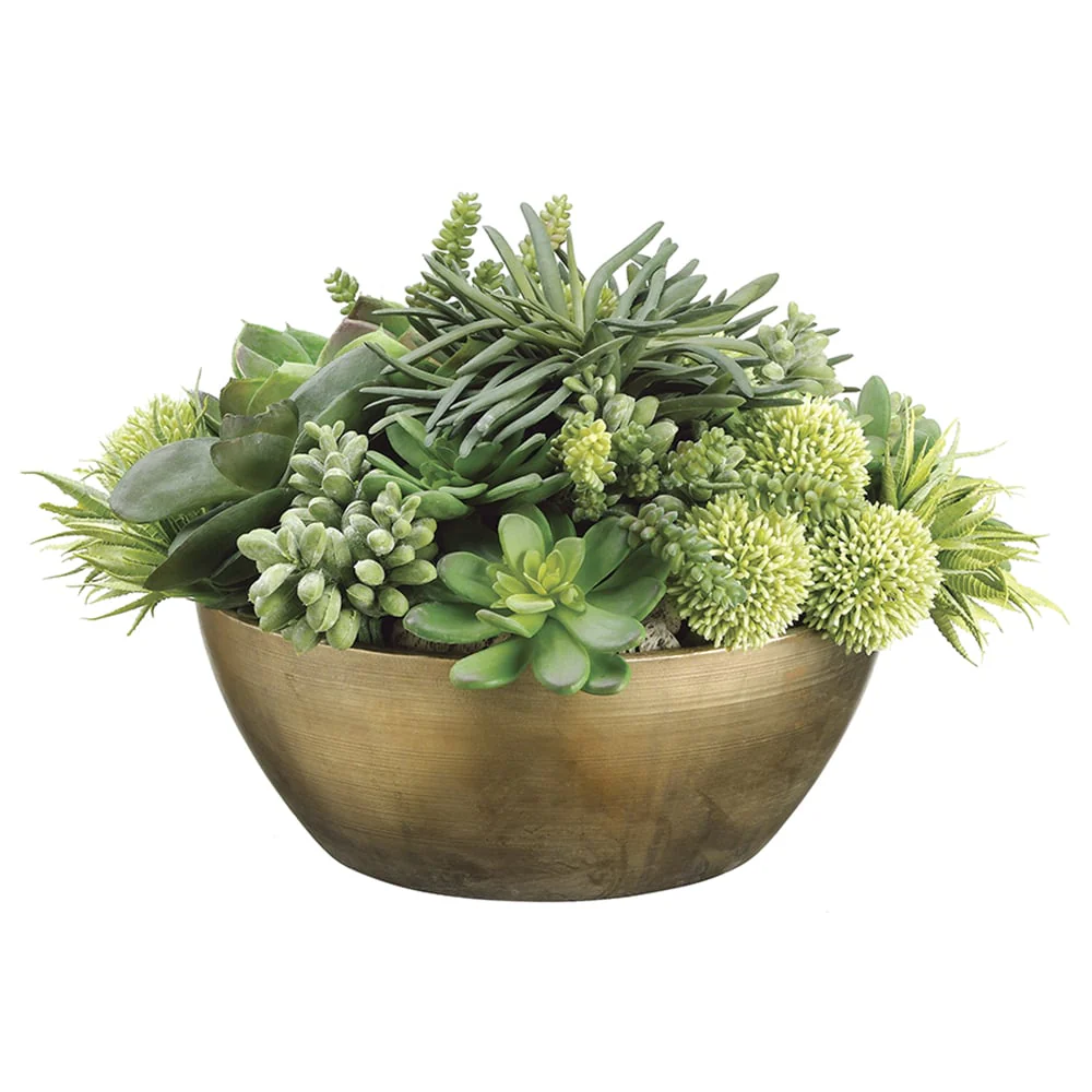 14"Hx21"W Echeveria, Succulent & Allium Artificial Plant w/Metal Pot -Light Green