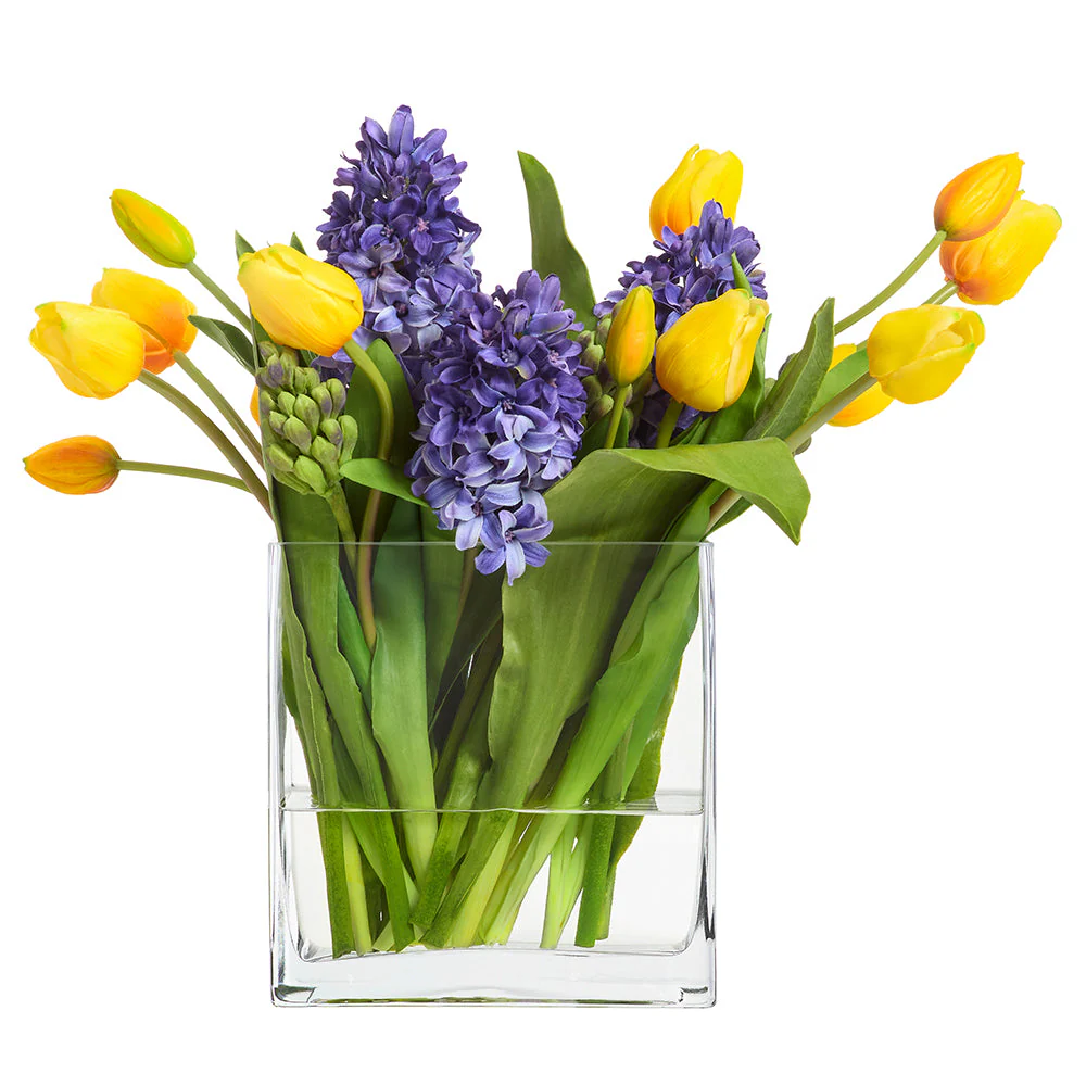15.5"Hx18"W Tulip & Hyacinth Silk Flower Arrangement w/Glass Vase -Blue/Yellow