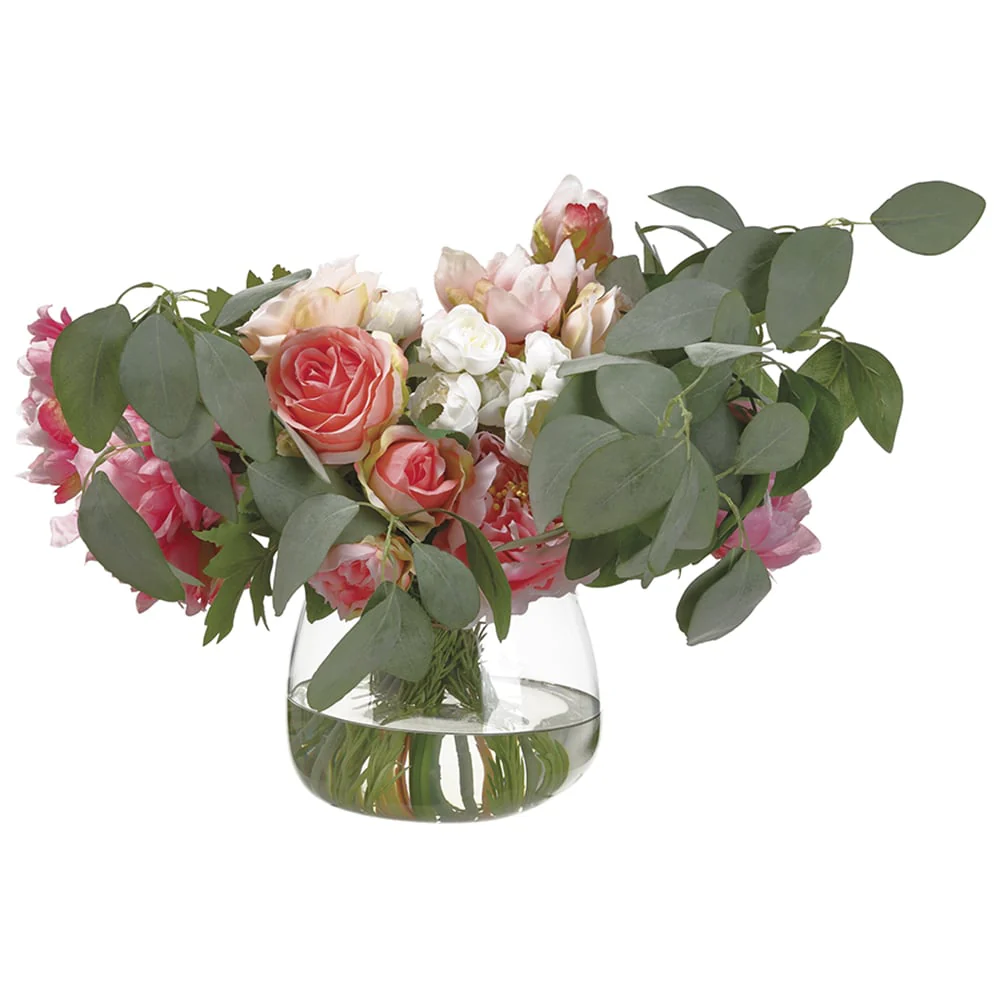 15.5"Hx23"W Silk Peony Flower & Rosemary Arrangement w/Glass Vase -Cerise/Pink