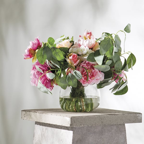 15.5"Hx23"W Silk Peony Flower & Rosemary Arrangement w/Glass Vase -Cerise/Pink - Image 2
