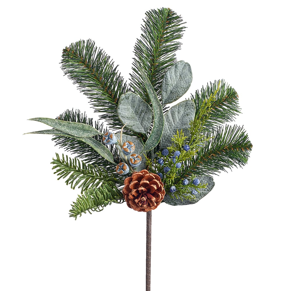 15" Artificial Eucalyptus, Pinecone & Pine Stem Pick -Brown/Green (Pack of 12)