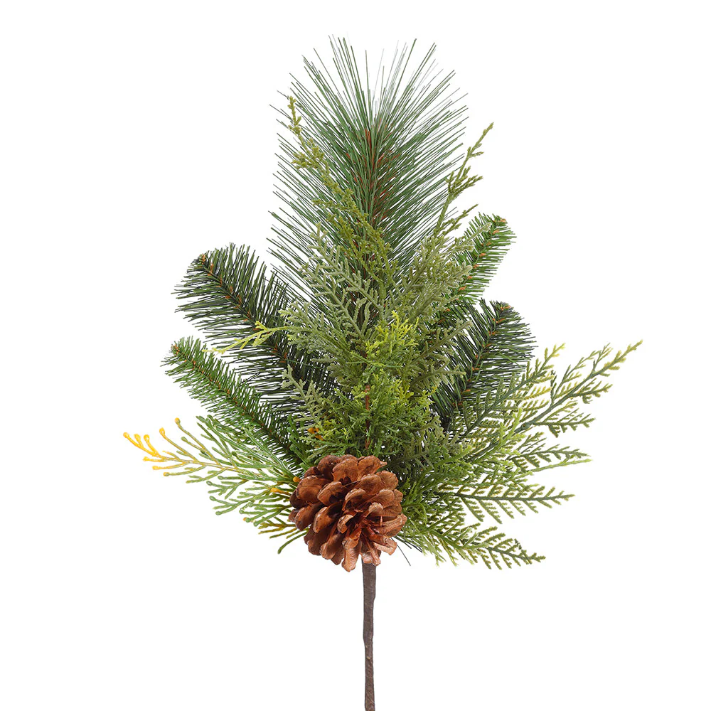 15" Artificial Pinecone, Cedar & Pine Stem -Green/Brown (Pack of 24)