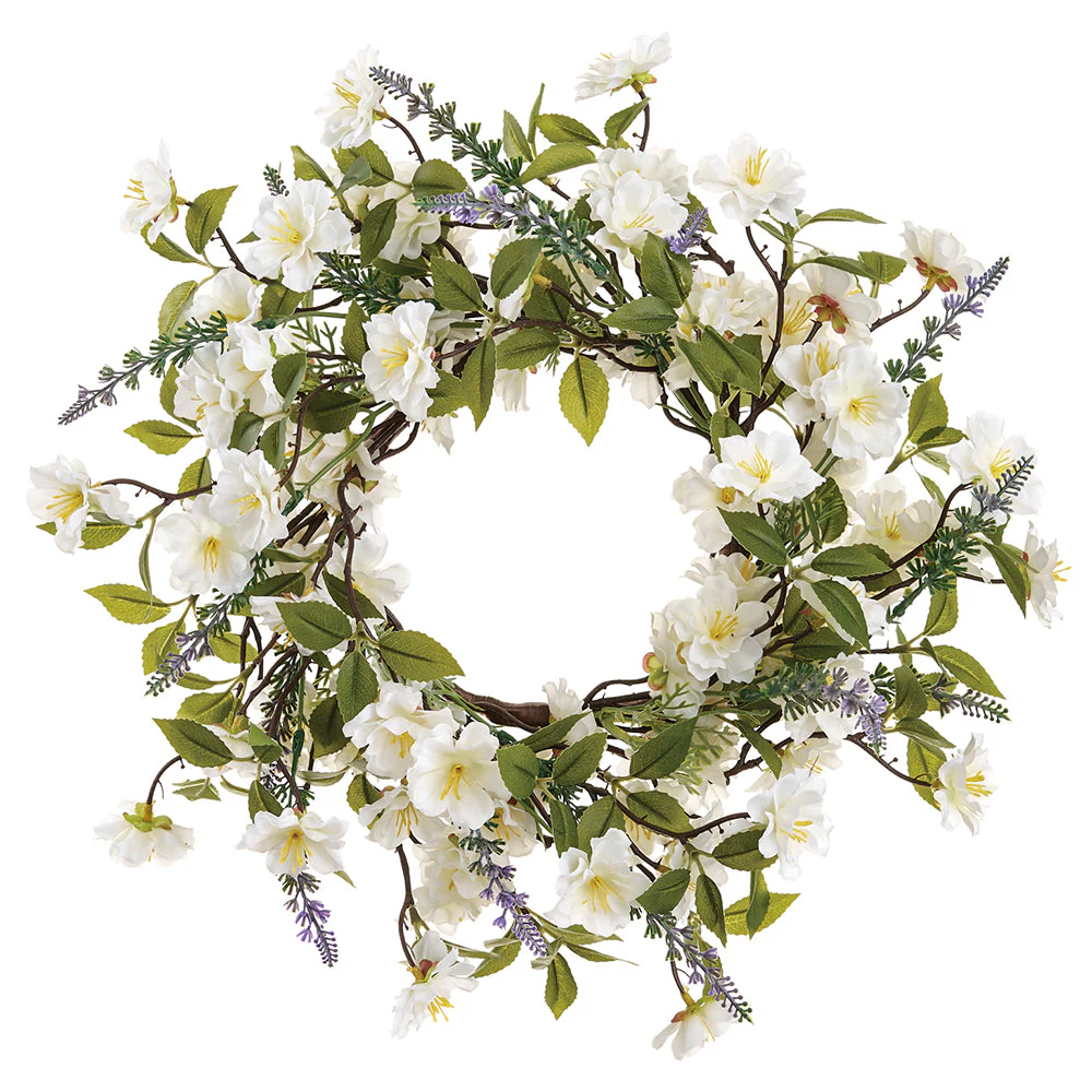 15" Cherry Blossom & Lavender Silk Flower Wreath -Cream/Lavender (Pack of 2)